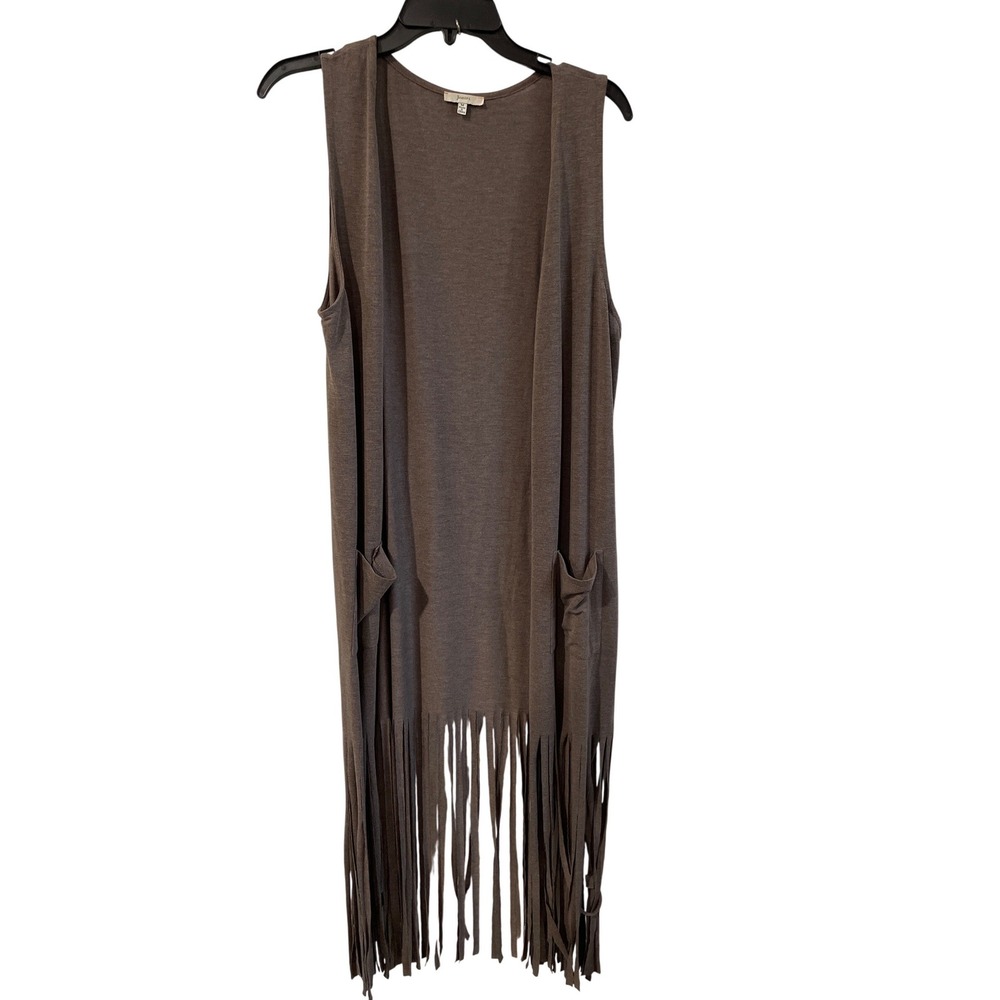 Jodifl Womens Medium Brown Fringe Hem Open Front Longline Vest Pockets Boho - Picture 2 of 9